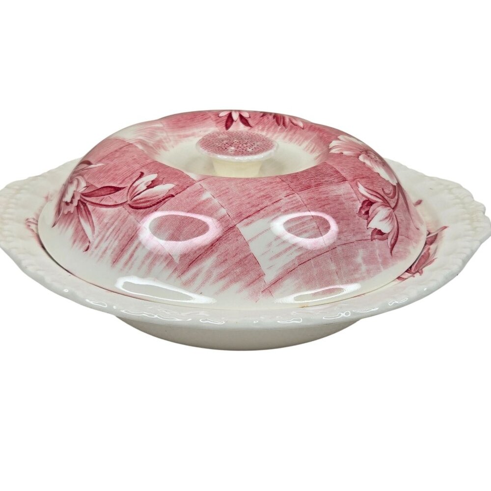 Vintage Grindley Trellis Red Transferware Covered Vegetable Dish Red White